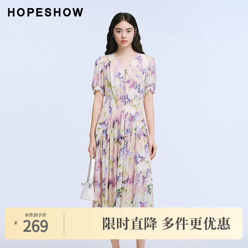 红袖2025夏季新款女装 花卉印花松紧打揽泡泡袖V领中长连衣裙