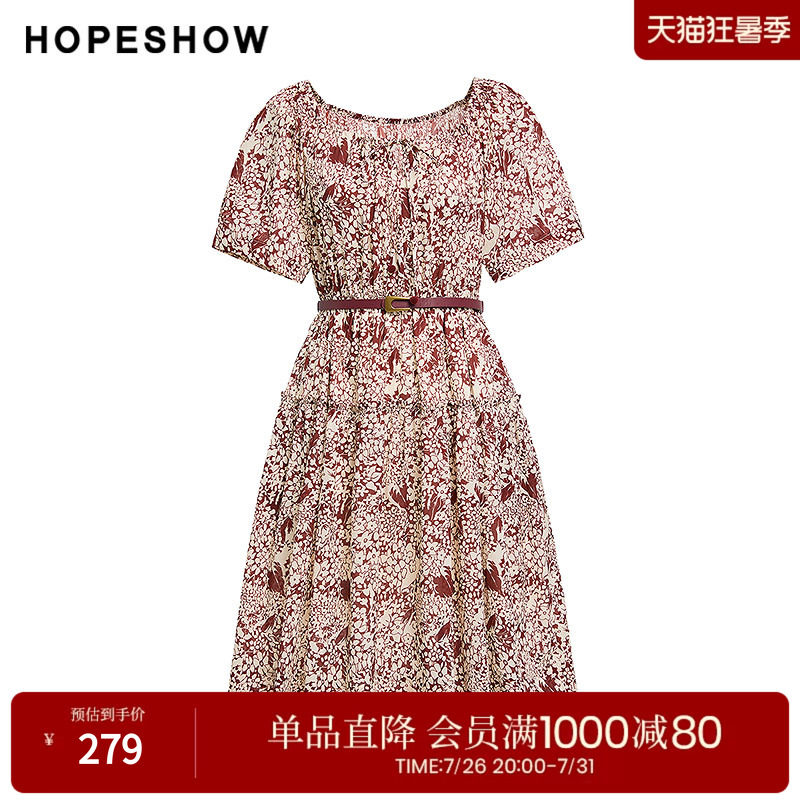 红袖2025秋季新款女装 100棉花卉印花系带拼接短袖圆领套头连衣裙