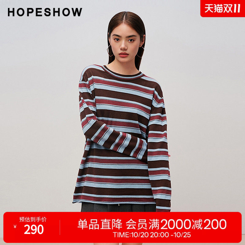 红袖2025秋季新款女装 100绵羊毛撞色条纹落肩长袖圆领套头针织衫