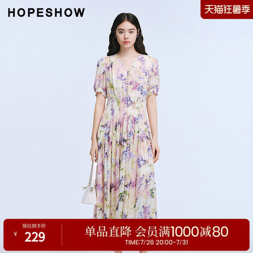 红袖2025夏季新款女装 花卉印花松紧打揽泡泡袖V领中长连衣裙