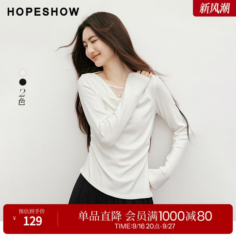 红袖蕾丝拼接不对称荡领T恤女