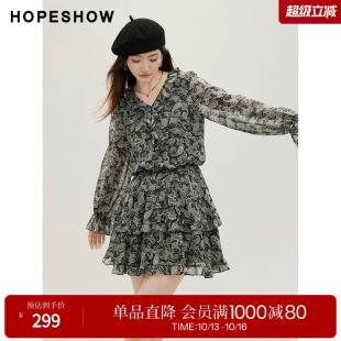 红袖2026秋季新款女装 印花雪纺荷叶边拼接松紧腰喇叭袖V领连衣裙