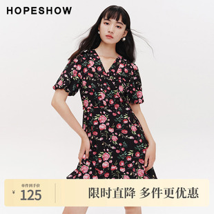 女装 新款 玫瑰印花V领套头茶歇裙 春季 红袖