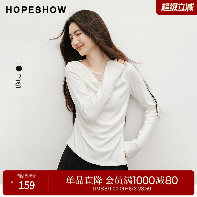 红袖蕾丝拼接不对称荡领T恤女