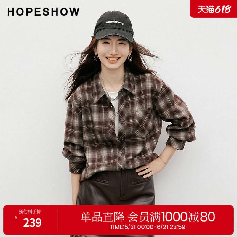 红袖2025冬季新款女装 撞色格纹不对称单排扣落肩翻领衬衫