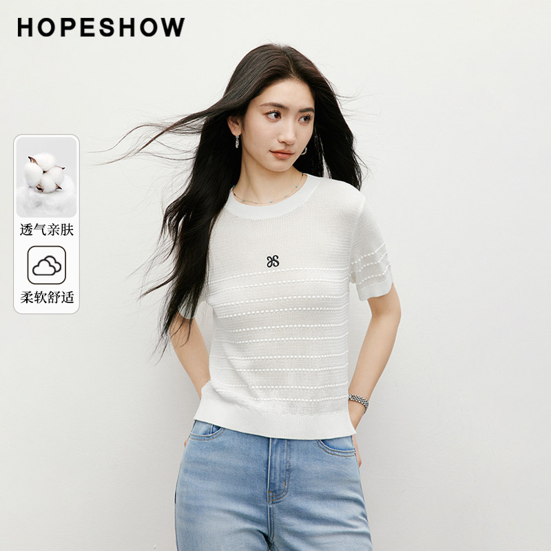 红袖2025夏季新款女装香风字母绣圆领套头短袖针织衫