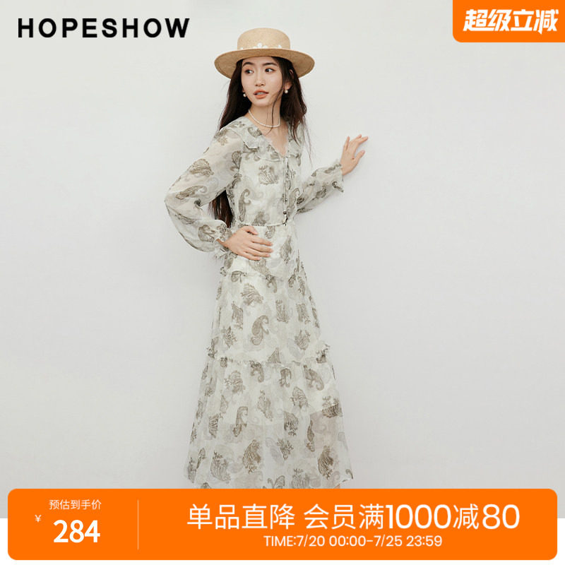 红袖2025秋季新款女装 【蔓染之韵】印花荷叶边串珠系带连衣裙
