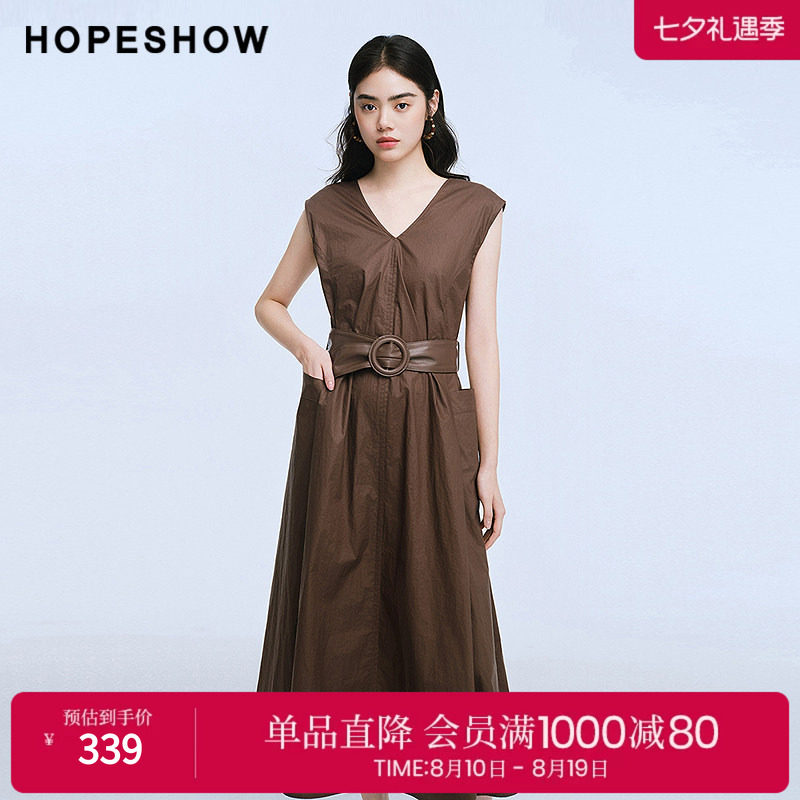 红袖2025夏季新款女装 宽边无袖贴袋V领中长连衣裙