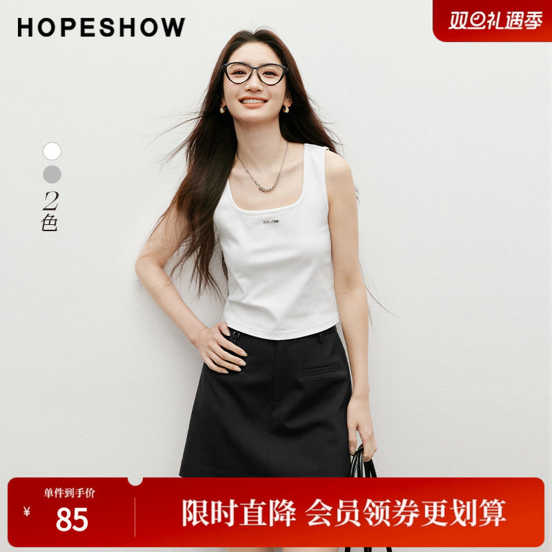 红袖2025夏季新款女装纯色弹力金属标方领套头针织背心