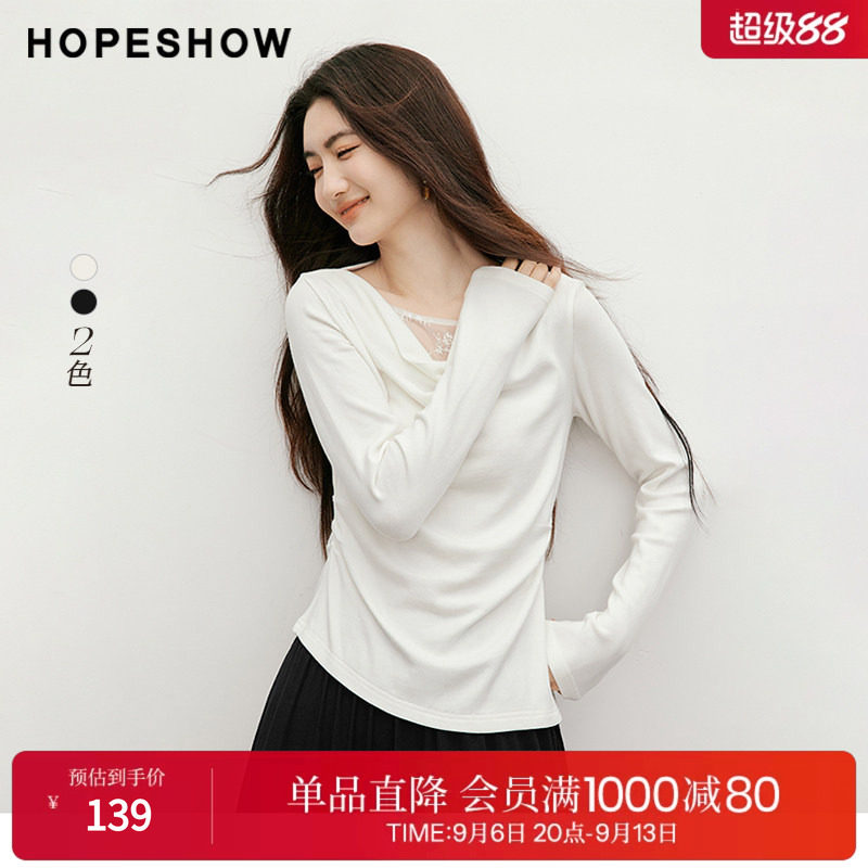 红袖蕾丝拼接不对称荡领T恤女
