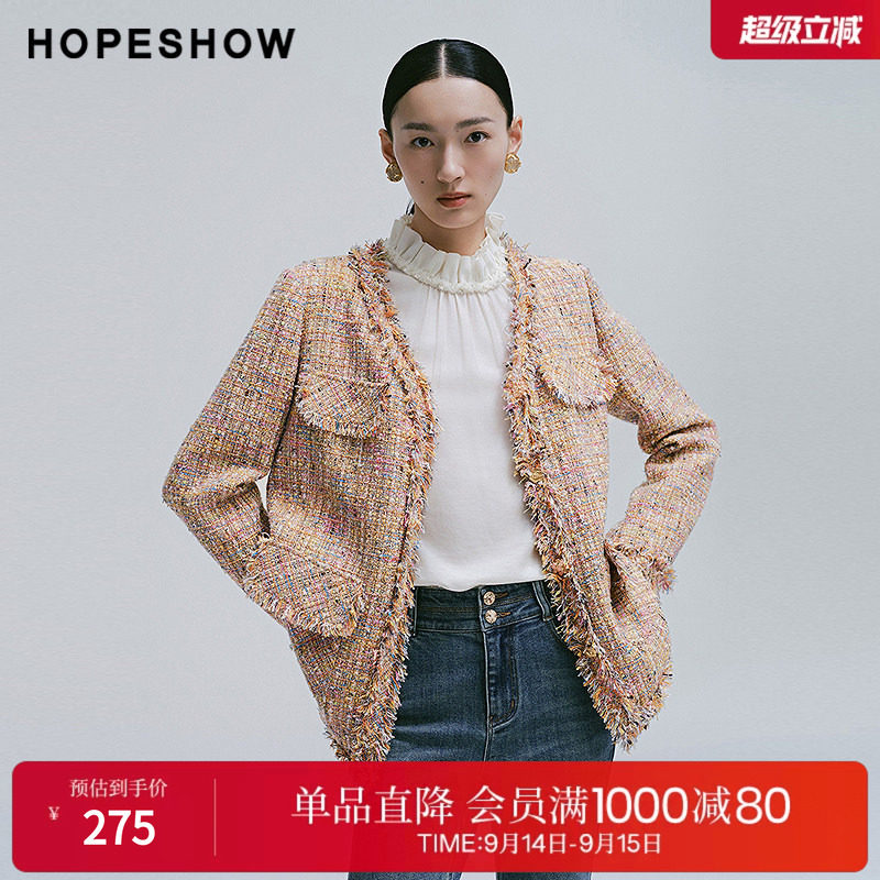 红袖2025春季新款女装 香风粗花呢流苏拼接单排扣正肩一手长外套