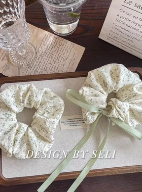 新款春夏豆沙绿色清新碎花大肠发圈纯棉蝴蝶结织带少女发绳头饰女