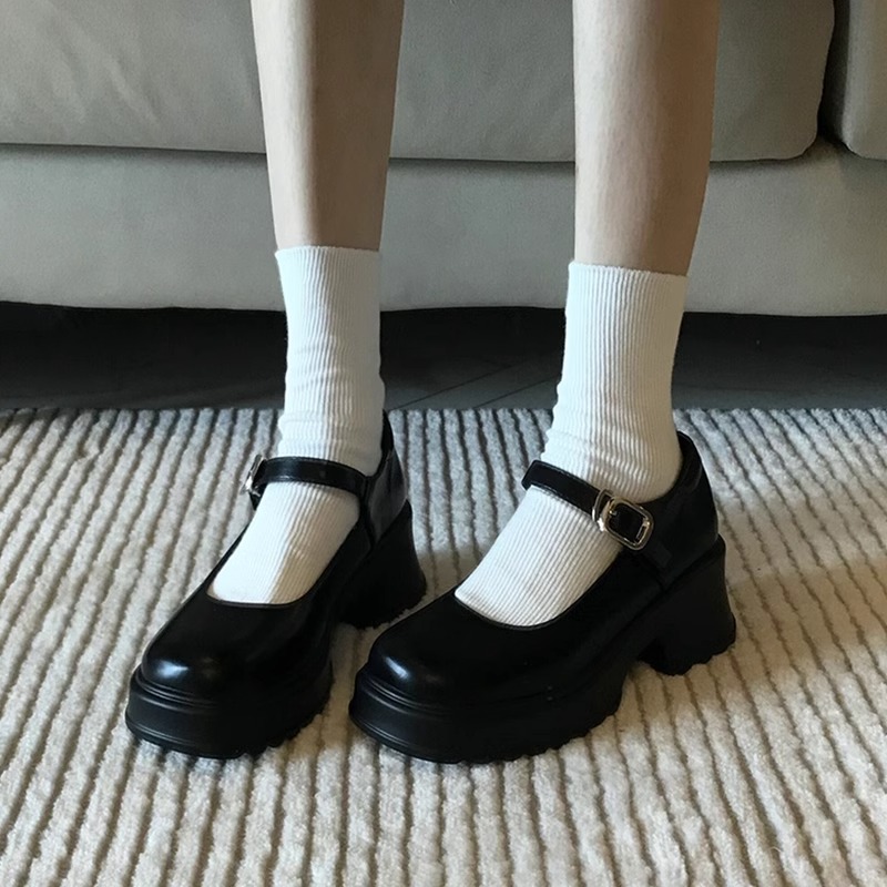 黑色法式粗跟厚底小皮鞋女2025春秋季新款日系jk增高玛丽珍单鞋子
