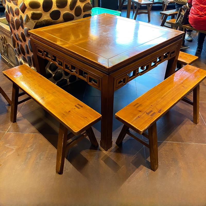 实木餐厅饭店餐桌椅组合农村农家乐庭院户外桌椅实木彷古八仙桌椅