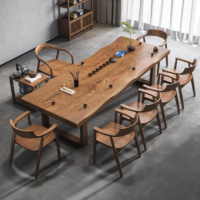 新中式实木茶桌平面大板茶桌椅组合一桌五椅办公室家用茶台泡茶桌