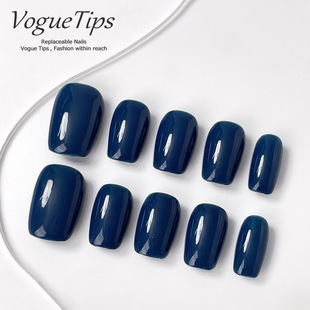 VogueTips 穿戴甲藏蓝素色纯手工成品美甲片短芭蕾ZB542 蓝釉短款