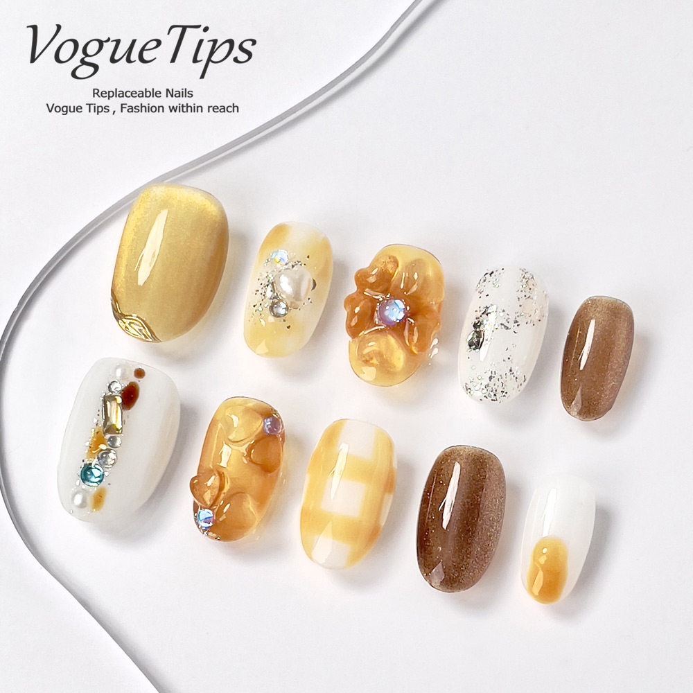 VogueTips 蜜蜡焦糖穿戴甲ins风短款手工高品质美甲贴片短圆ZB528