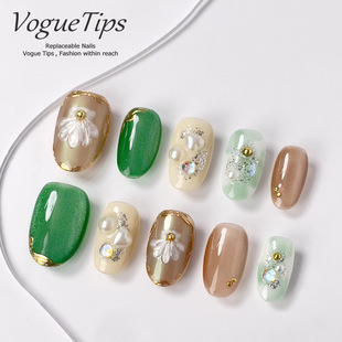 VogueTips 手工成品美甲片短圆ZB527 水形物语穿戴甲夏日ins风短款