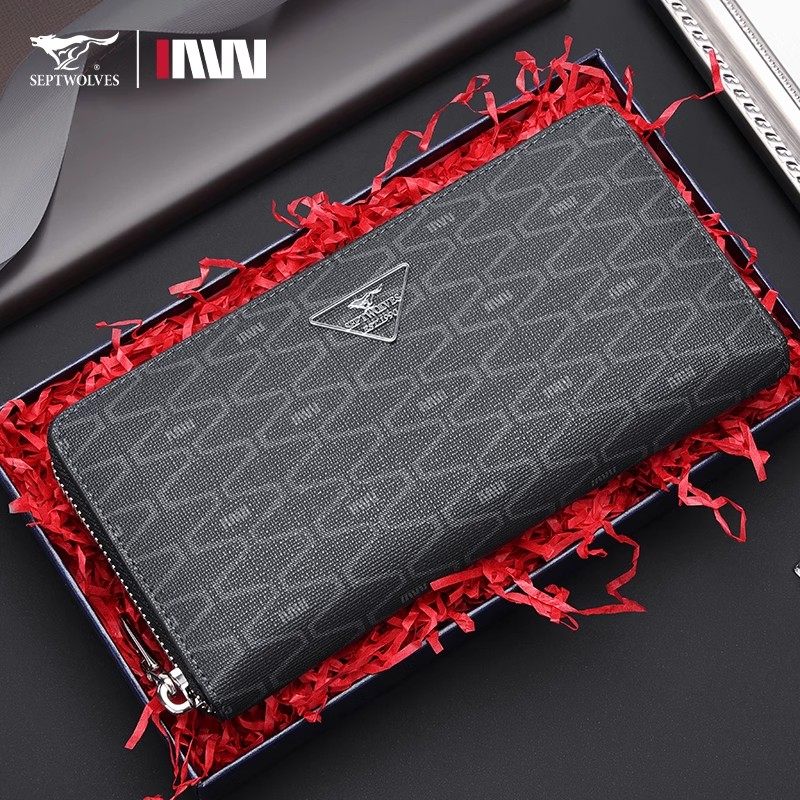 七匹狼钱包男士长款新款大容量多功能手拿包高级商务印花钱夹男包