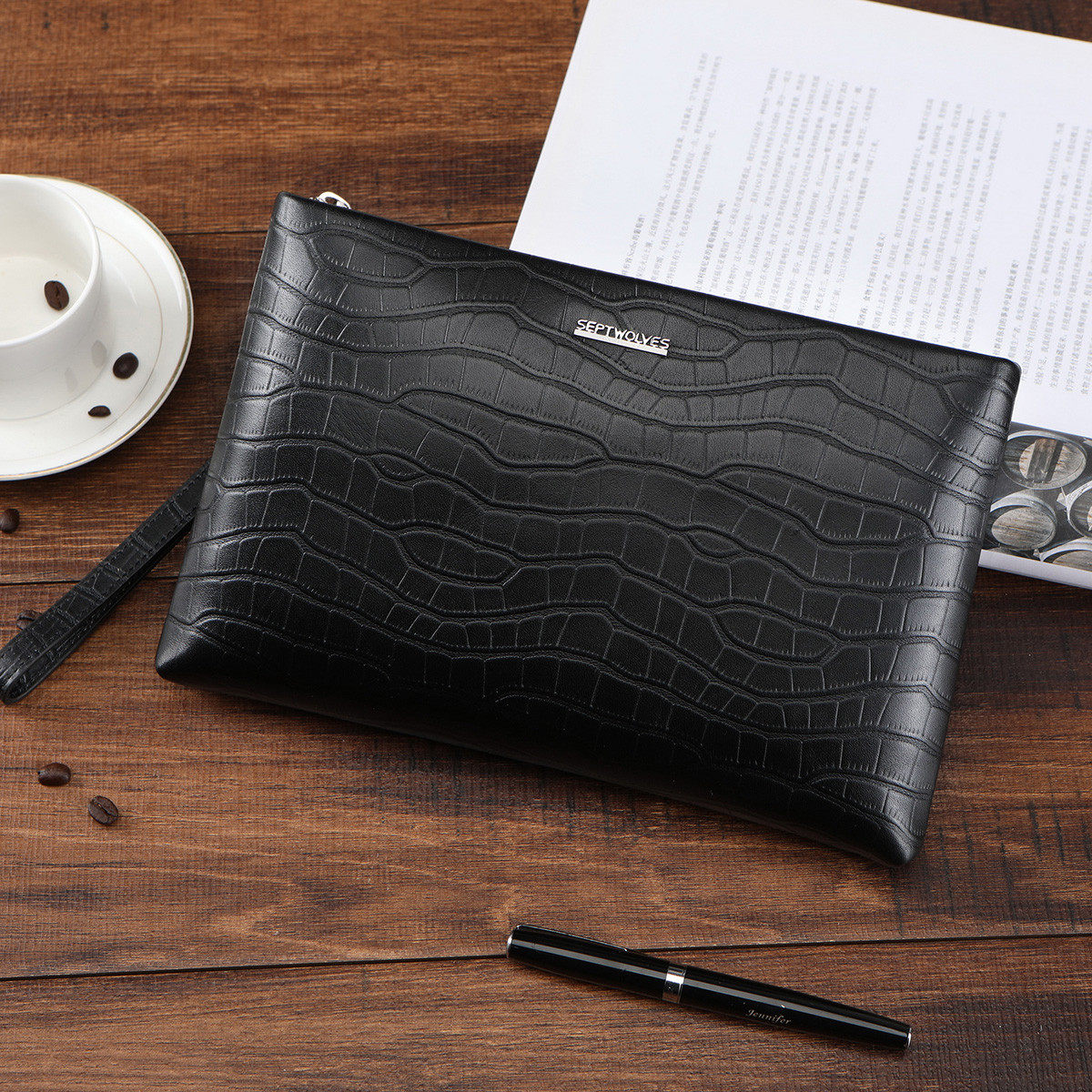 七匹狼新款手拿包男真皮大容量信封包商务手抓包鳄鱼纹牛皮手包潮