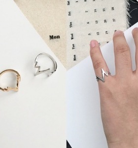 J702 韩版个性简约弯曲闪电戒指 情侣式心电图高低戒指指环尾戒