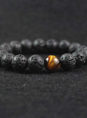 货源跨境电商8mm黑色火山岩黄虎眼石手链瑜伽弹力手链