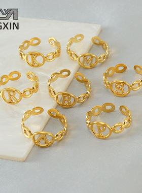 跨境欧美钛钢26英文字母戒指18K时尚简约不锈钢开口可调节戒指女