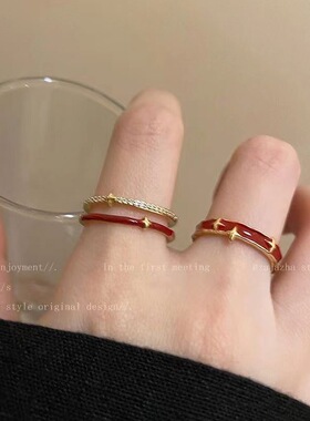 双层红色星星戒指女ins小众设计感开口可调节指环个性百搭食指戒