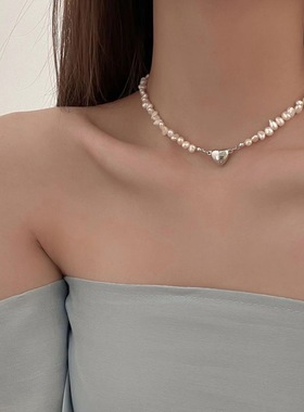 巴洛克风淡水珍珠项链女锁骨链韩版爱心磁铁扣个性小众颈链新款潮