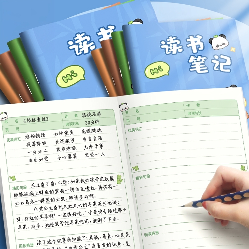 熊猫B5读书笔记本摘抄本好词好句好段阅读记录卡专用小学生摘抄本日积月累词语积累本一二年级语文课外读后感