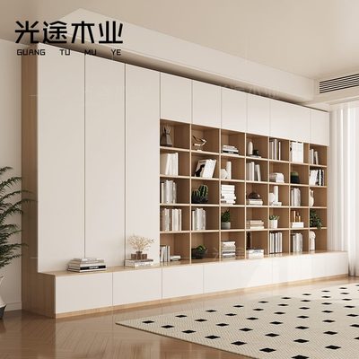 去客厅化书房书柜整墙一体到顶定制书橱实木六门置物柜现代背景墙