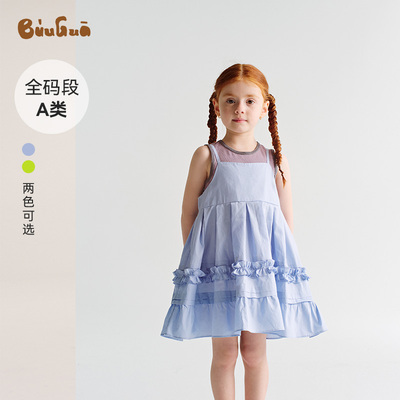 BUUGUA新品A类原创设计多层次花边造型吊带蓬连衣裙女童百搭纯棉