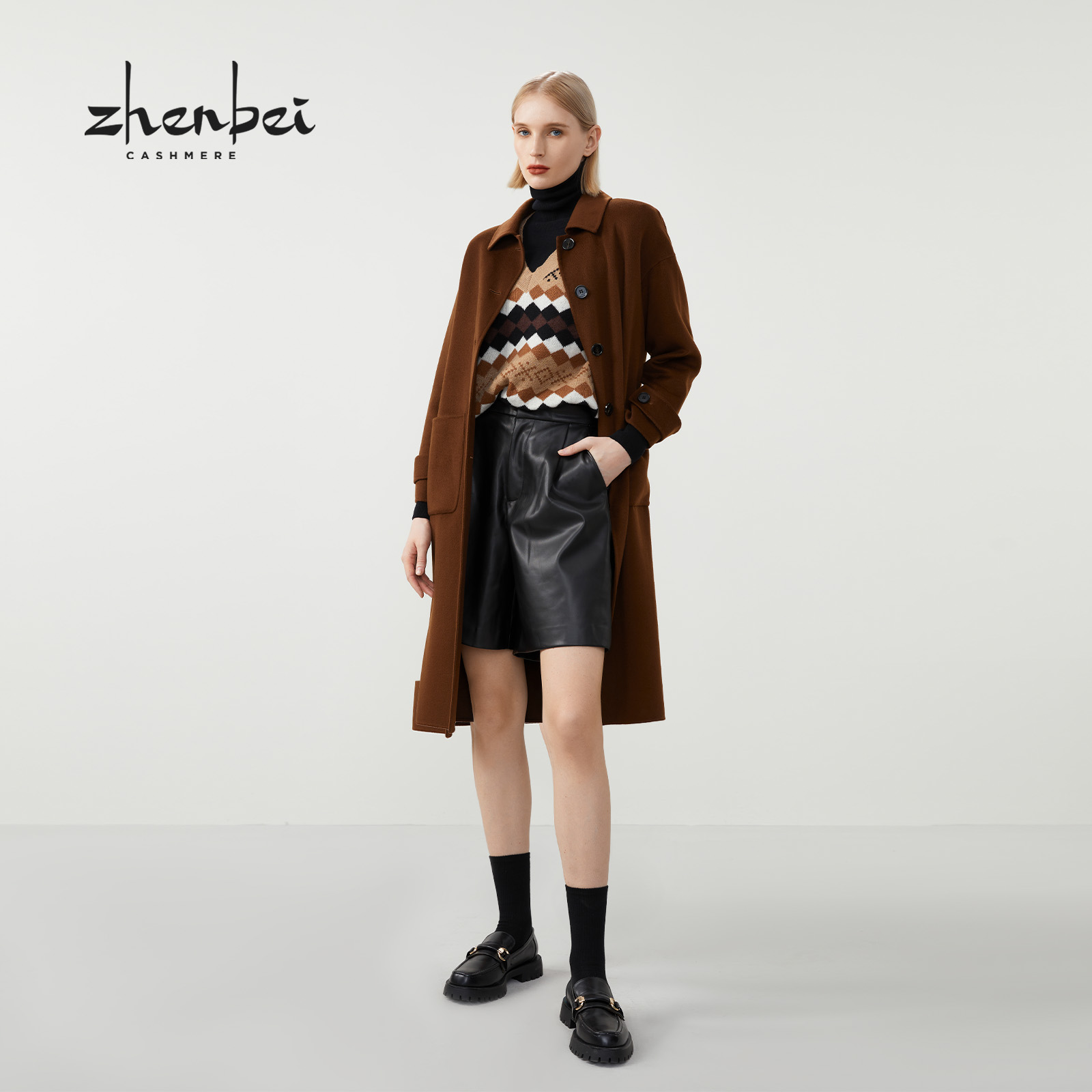 ZB/珍贝100%山羊绒大衣中长款