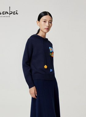 ZB/珍贝2025年秋冬新款品100%纯山羊绒卡通带帽落肩女衫/56528-1