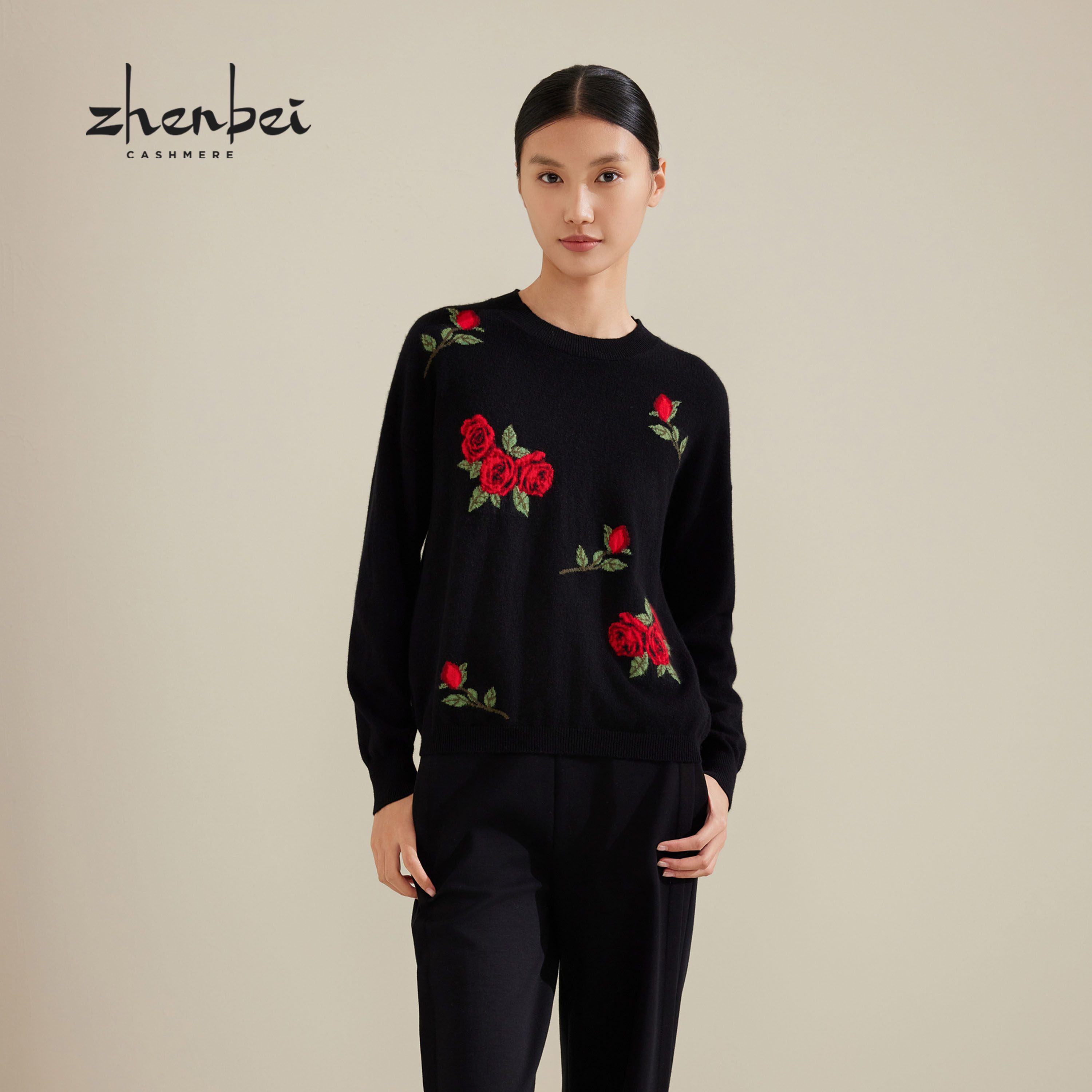 ZB/珍贝100%羊绒圆领提花女衫长袖复古玫瑰花套头通勤百搭/56146,女装/女士精品,羊绒衫,淘宝优惠券,粉丝福利购,淘宝优惠卷