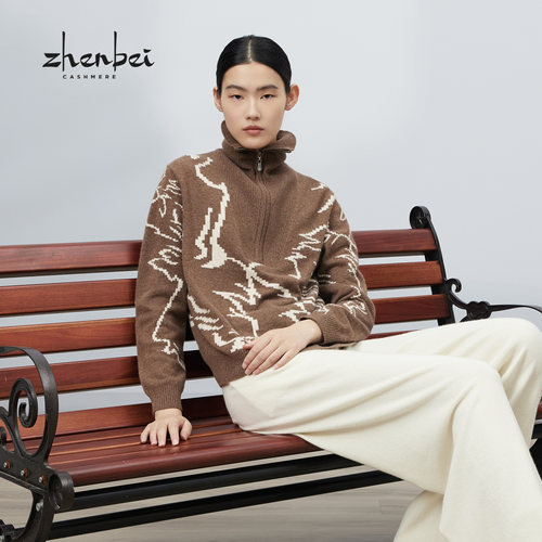 珍贝早春新品翻领拉链提花衫