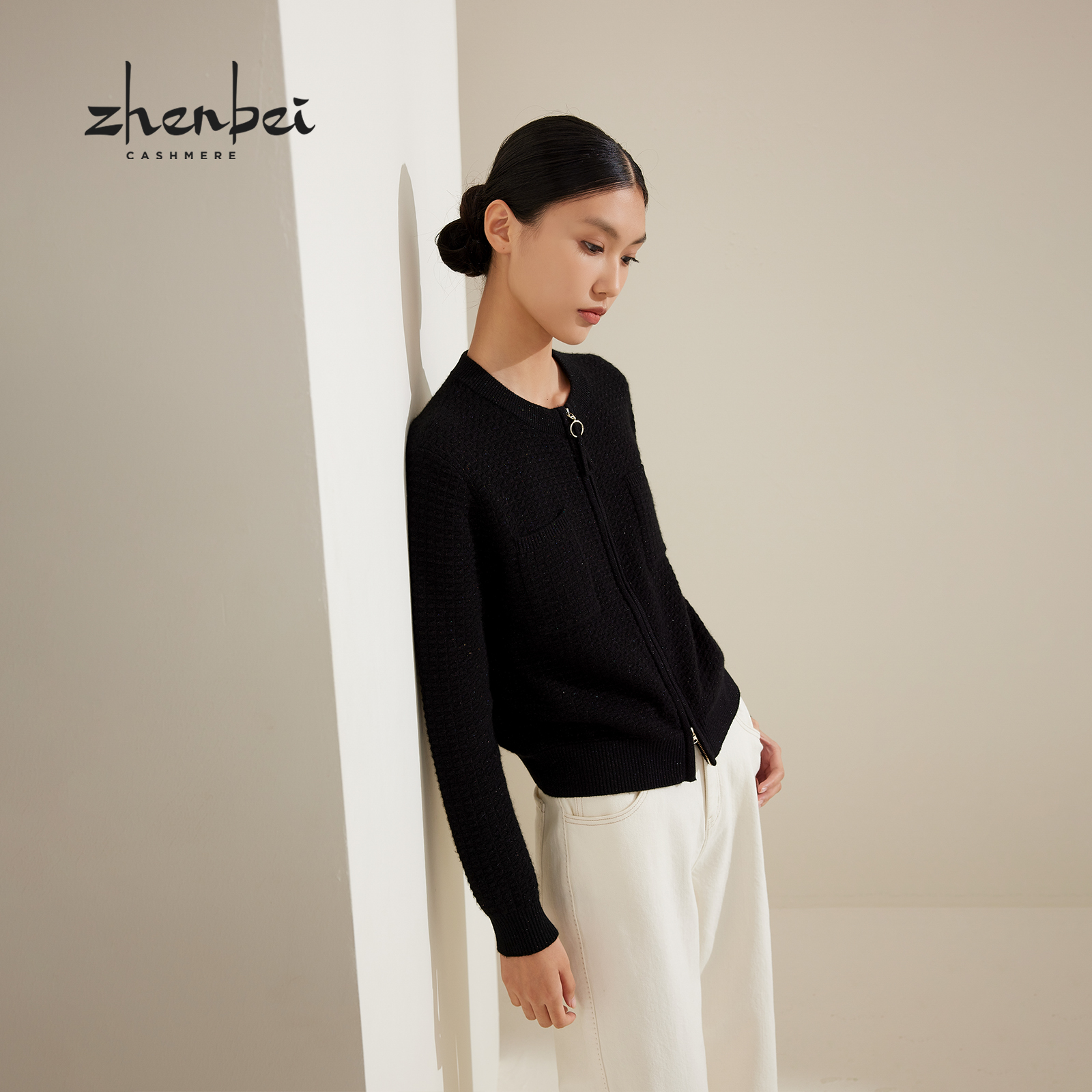 ZB珍贝秋冬款圆领夹丝拉链女开衫