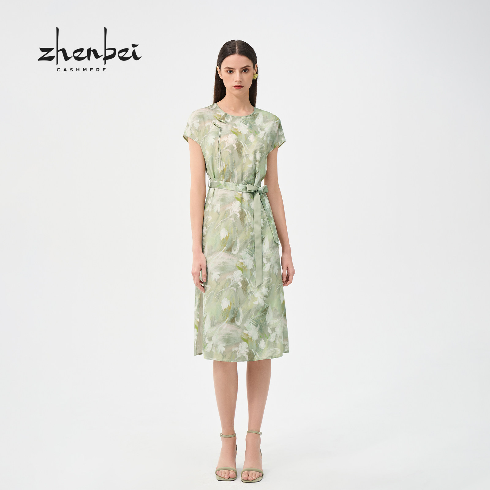 ZB/珍贝新款春夏桑蚕丝圆领带饰连衣裙高级感时尚百搭通勤/h94063