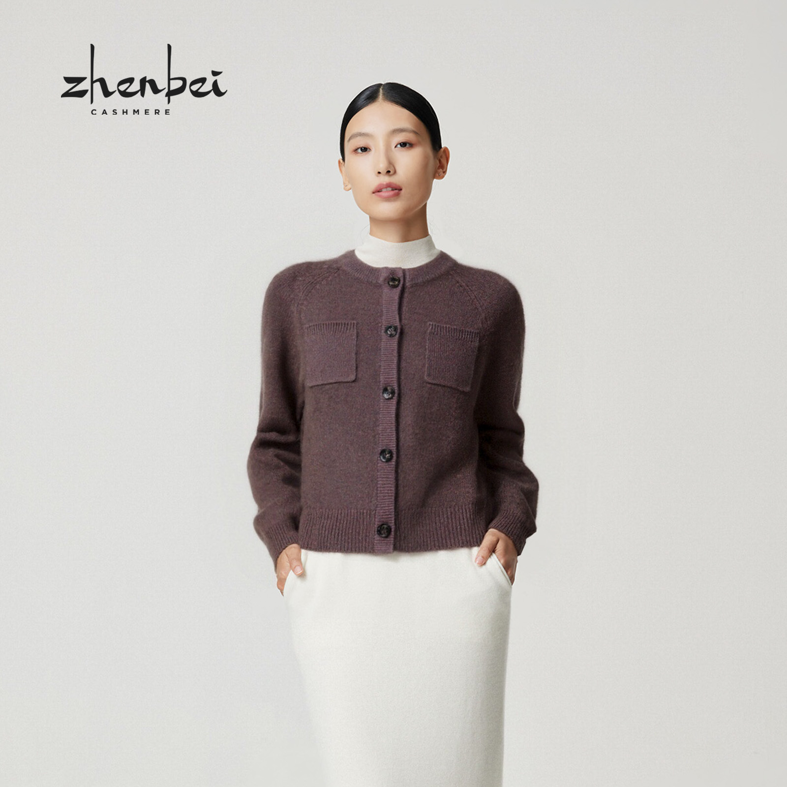 ZB/珍贝2025年秋冬新品款100%山羊绒纯圆领女开衫时尚针织/56655