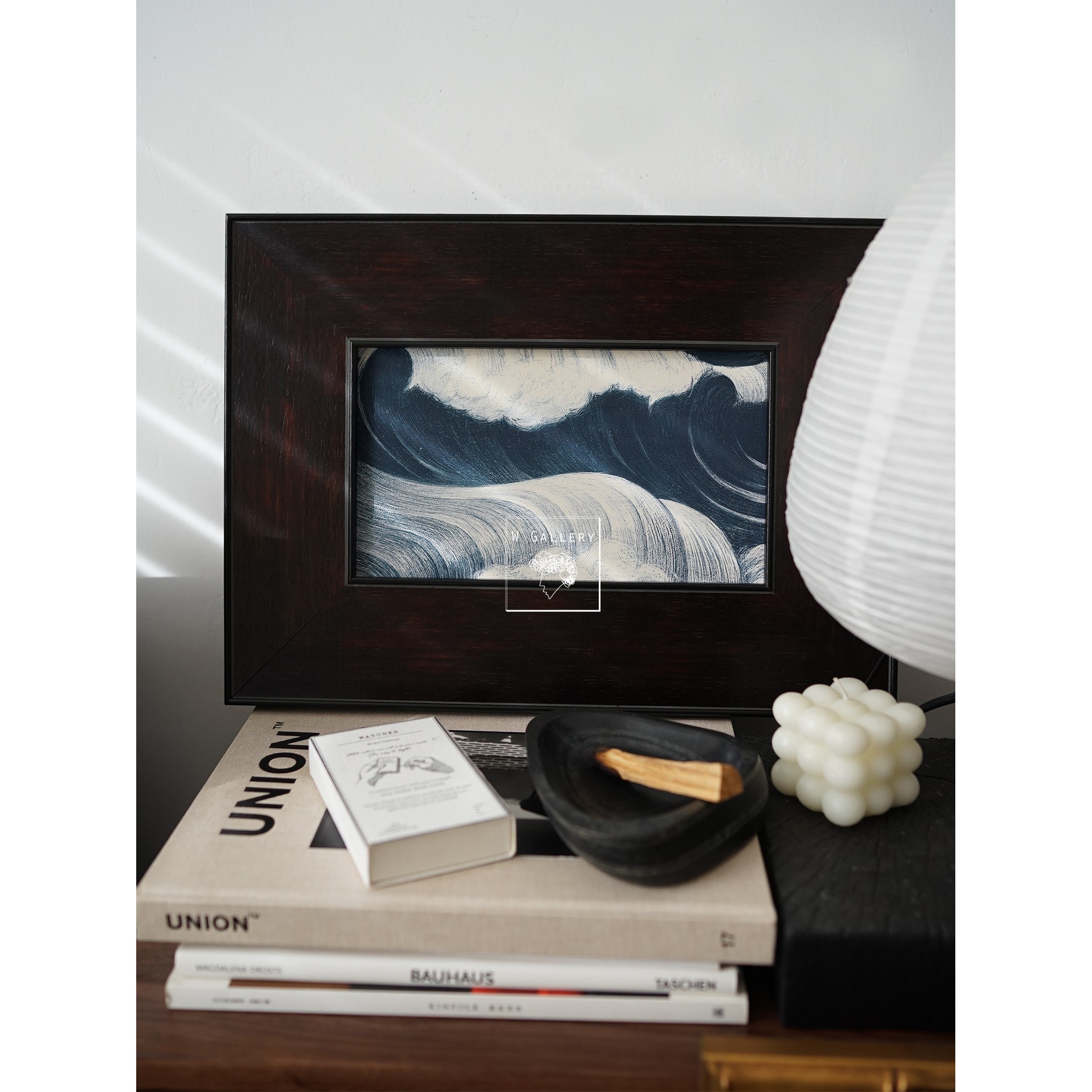 WGallery牛仔蓝氛围感中古海浪日本浮世绘哑光油布装饰画实木框