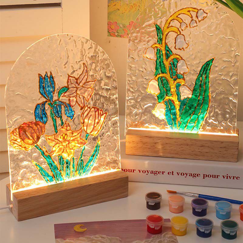 手绘玻璃画成人手工diy线稿涂色郁金香小夜灯老年人家社区diy活动