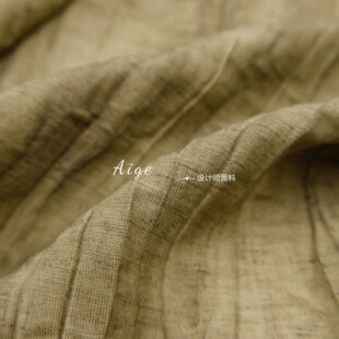 透气垂感 草木染绿色竖纹褶皱天丝麻棉麻面料古装汉服套装布料DIY