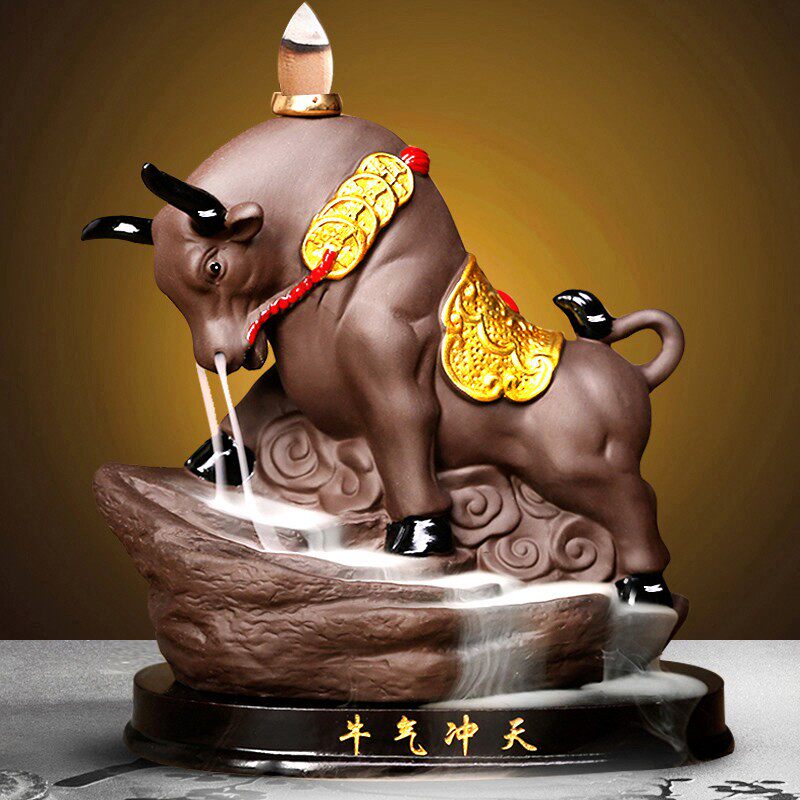 倒流香炉牛气冲天创意摆件左右逢源檀香炉家用室内塔香炉招财镇宅