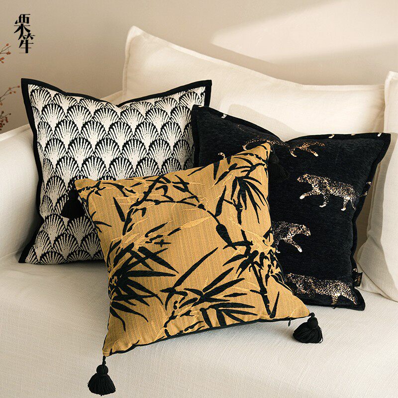 复古现代新中式风竹叶豹子抱枕组合客厅沙发高级感靠垫设计师靠枕