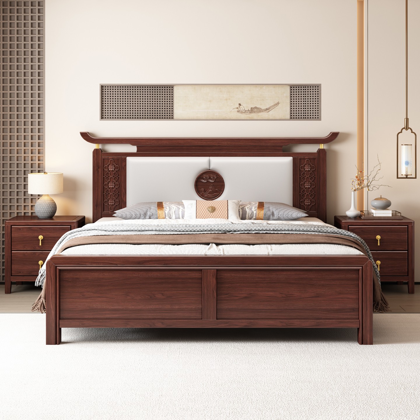新中式乌金木实木床1.8米双人床现代1.5简约主卧储物高箱古典婚床
