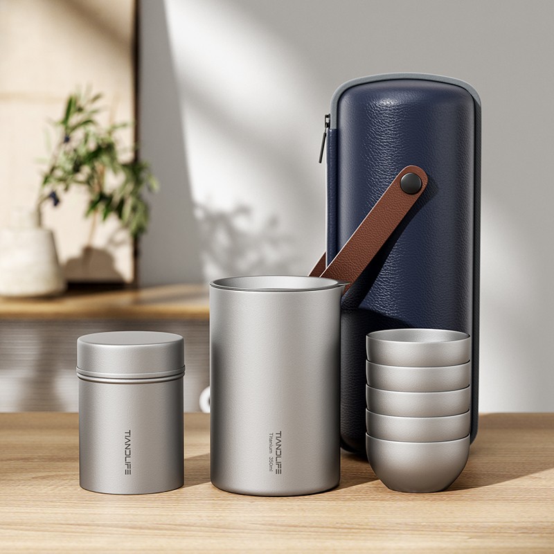 TIANDLIFE纯钛旅行茶具套装简易户外双层防烫泡茶器一壶二四杯