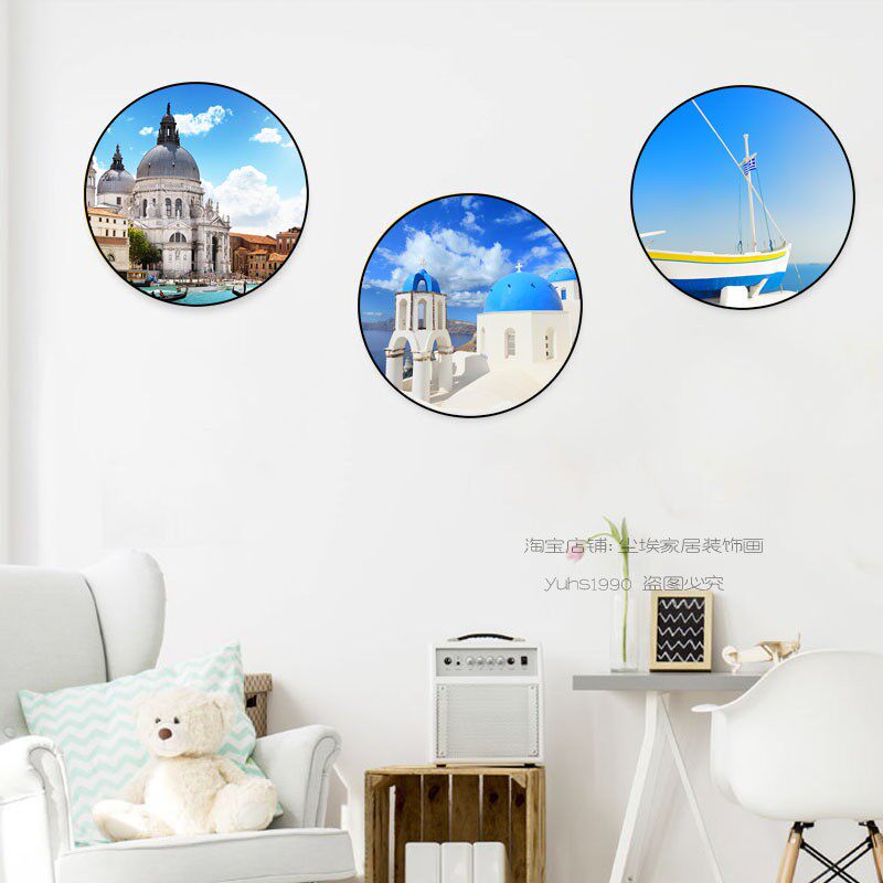 地中海风景装饰画餐厅卧室床头儿童房挂画圆形蓝色墙壁画玄关北欧