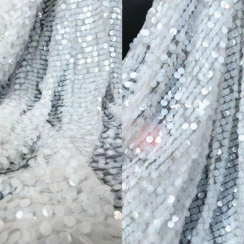 12MM乳纯白色亮片珠片布料婚纱礼服鱼尾裙童装女装闪亮片网纱布料