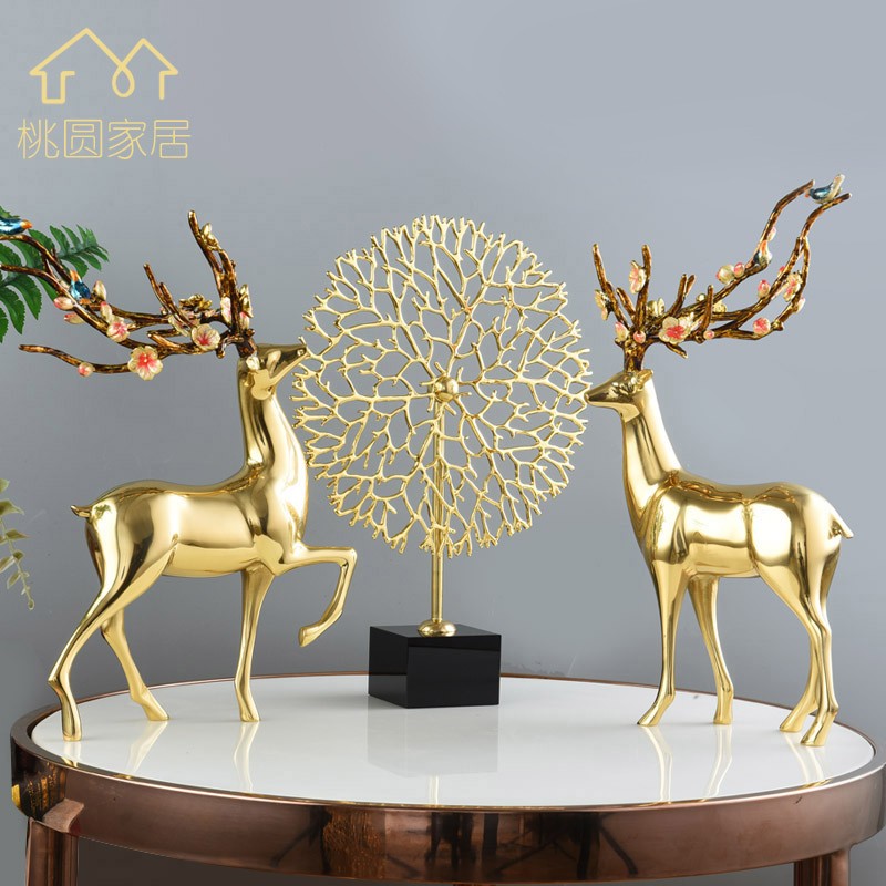 创意黄铜梅花鹿招财摆件现代简约玄关酒柜电视柜家居装饰开业礼品