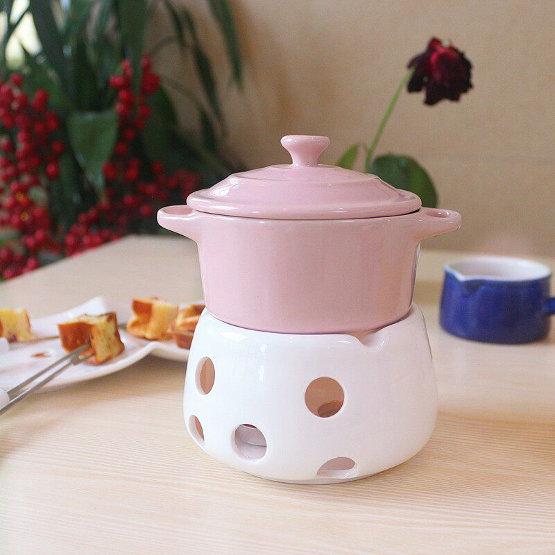 送2叉2蜡烛陶瓷巧克力火锅炉套装双耳碗带盖冰淇淋炉芝士火锅炉子